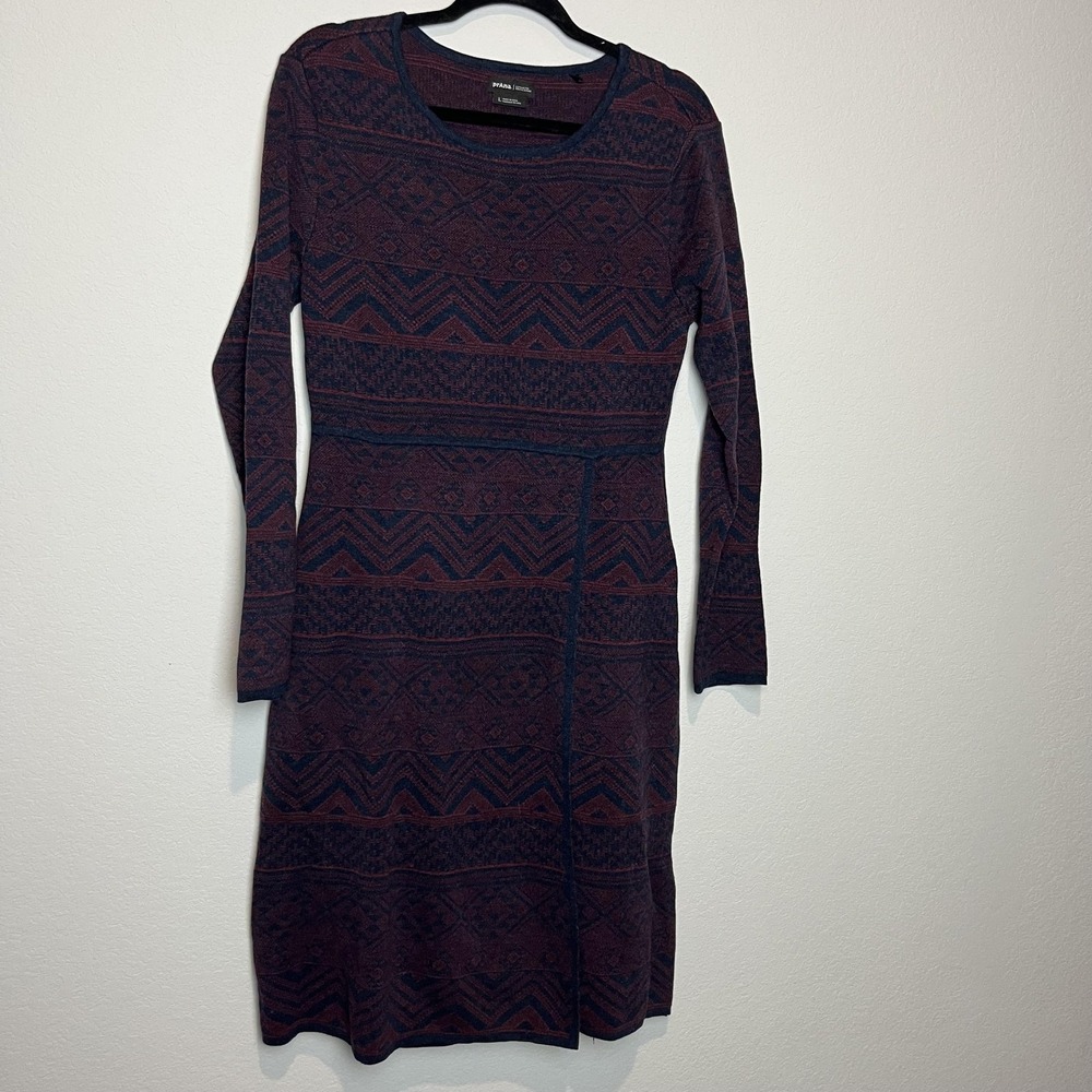 PrAna Dress Womens L Purple Geometric Knit Long Sleeve Sweater Knee Length